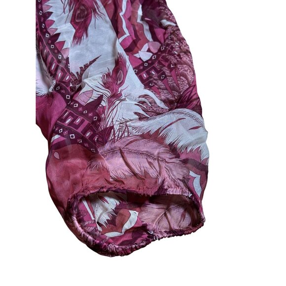 Lucky Brand Womens Peasant Boho Sheer Top Sz S Feather Print Braided Neck - Picture 10 of 12